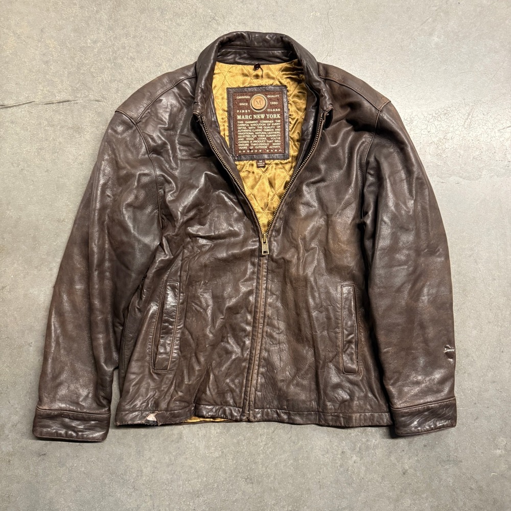 Marc New York Andrew Marc Mens Brown Leather Bomber Jacket Distressed Size M